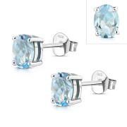 5x7mm Oval Prong-Set Blue Topaz Stone Sterling Silver Stud Earrings - e446